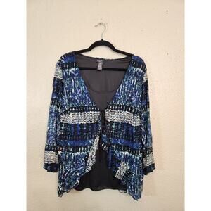 Joei & I Women's Blue Black Stretch V-Neck Tie‎ Front Long Sleeve Blouse Size 2X